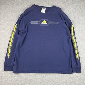 Vintage Adidas T Shirt Mens XL Blue Yellow Long Sleeve Soccer Cyber Logo Y2K